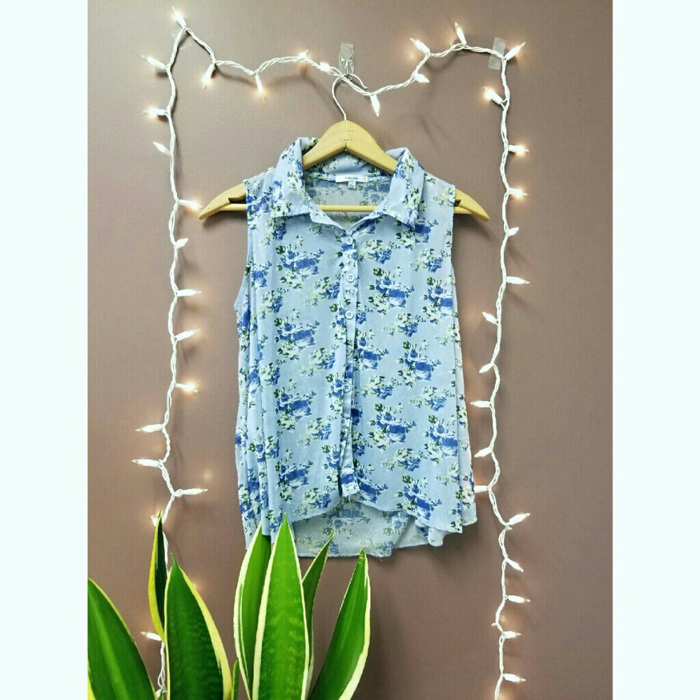 Sheer Floral Blue Button Up
